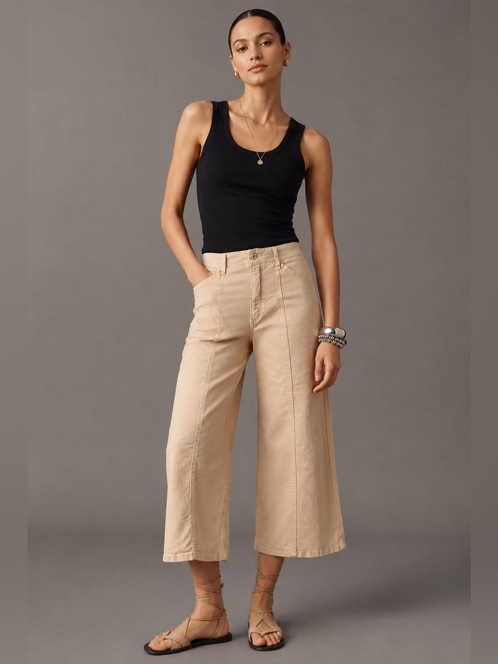 Anthropologie Maeve Delaney Crop Clean-Seamed High-Rise Wide Leg Beige Size 27